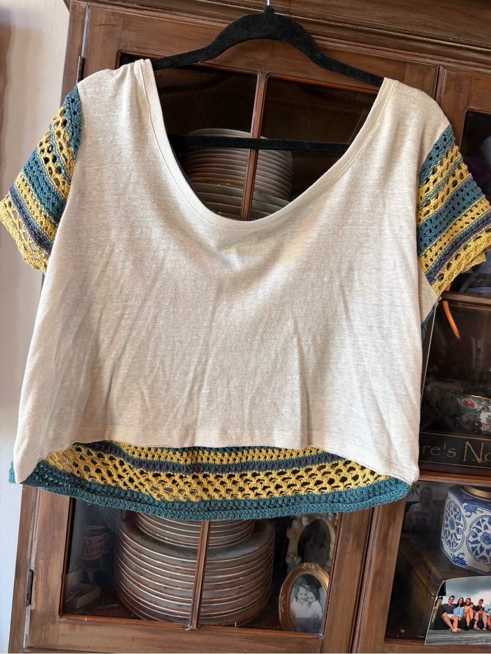 We The Free Scoop Neck Crochet-Trim Top in Cream with Teal & Mustard